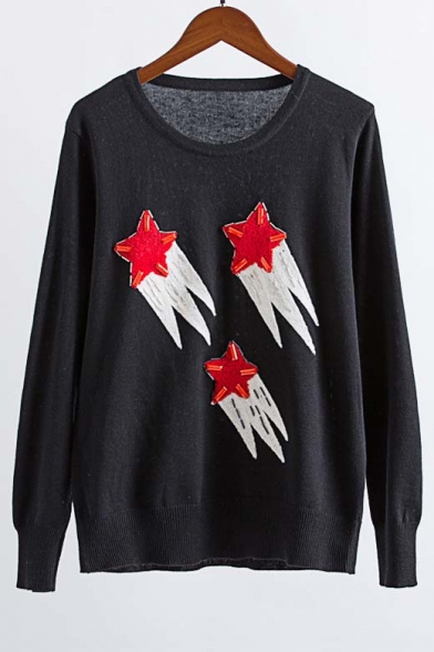 Beaded Embroidery Stars Pattern Round Neck Long Sleeve Sweater
