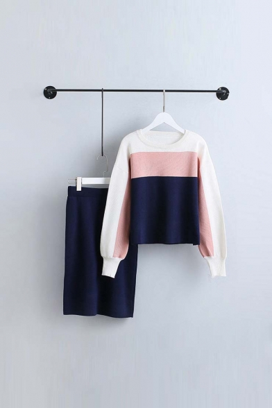 Fashion Color Block Elastic Cuffs Sweater Elastic Waist Plain Shift Skirt
