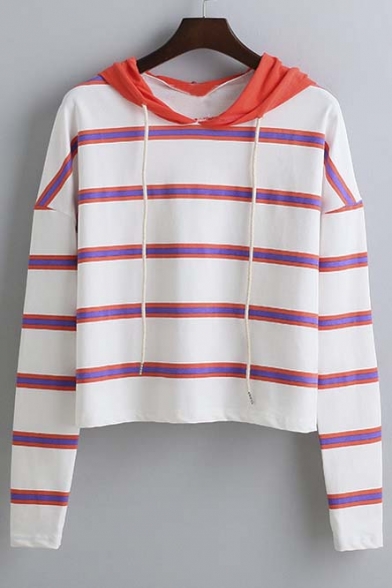 Fashion Striped Drawstring Hooded Long Sleeve Sweatshirt