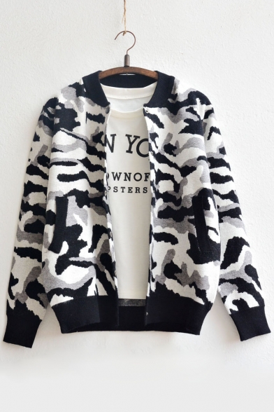 New Arrival Fashion Camo Pattern Contrast Trim Long Sleeve Sweater Top