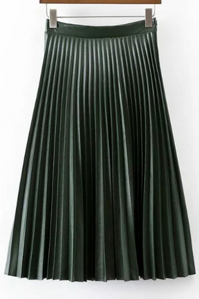Trendy Plain High Waist Pleated Midi Leather Skirt
