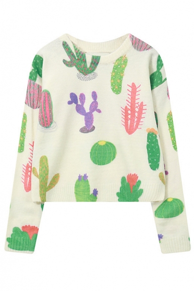 Autumn Trendy Cactus Round Neck Long Sleeve Cropped Sweater