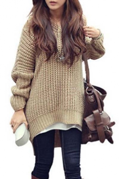 Fall Winter Stylish Dip Hem Long Sleeve Hooded Sweater