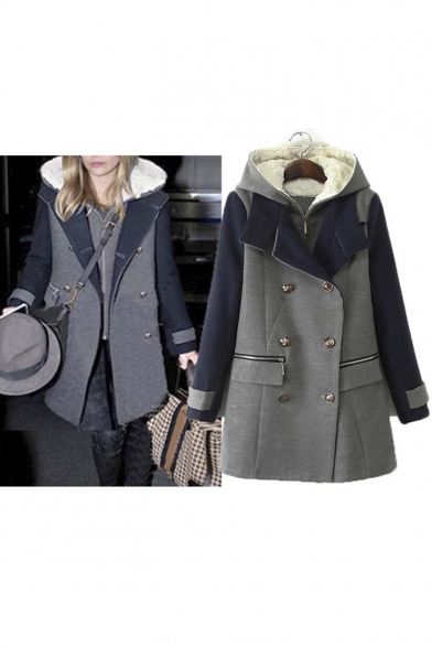 Fashion Hooded Notched Lapel Long Sleeve Double Breasted Color Block Midi Two-Pieces Coat