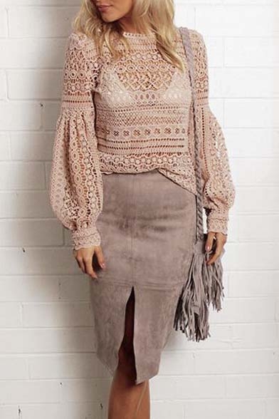 Fashion Lace Crochet Lantern Long Sleeve Cutout Back Blouse
