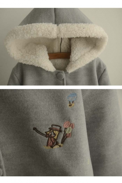 Lovely Hooded Single Breasted Embroidery Cartoon Pattern Contrast Cuffs Long Sleeve Coat
