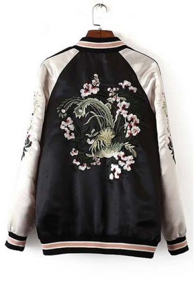 Trendy Reversible Floral Embroidered Color Block Baseball Jacket ...