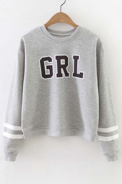 Trendy Striped Long Sleeve Letter Print Round Neck Pullover Sweatshirt