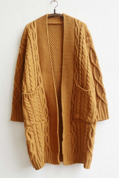 Vintage Style Cable Knit Open-Front Longline Cardigan