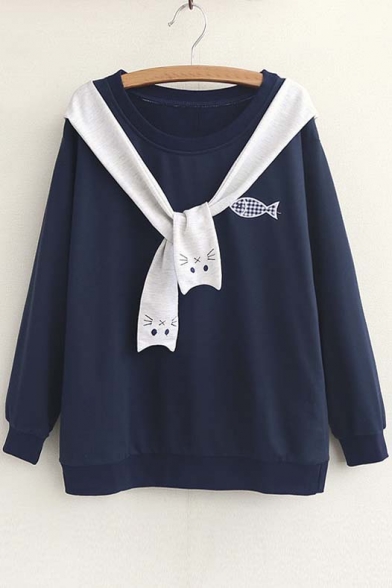 Hot Tie Front Cat Fish Detail Round Neck Long Sleeve Sweatshirt