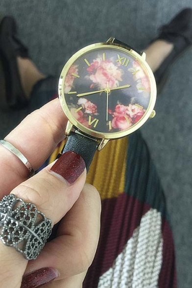 Hot Vintage Style Floral Leather Strap Quart Wristwatch