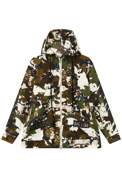 Cool Camouflage Print Zipper Up Drawstring Hooded Coat