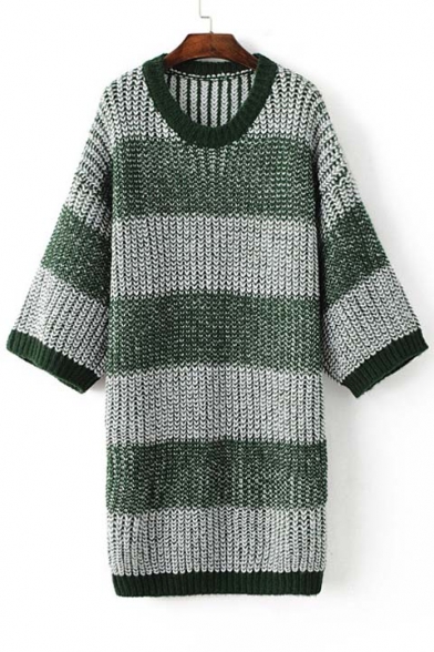Fall Striped Color Block Trim Batwing Sleeve Round Neck Knitted Sweater