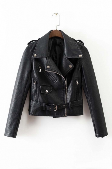 Fashion Cool Notched Lapel Zipper Detail Long Sleeve Leather Jacket with Belt