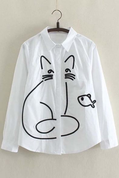 Fashion Cute Cat Fish Embroidered Long Sleeve Lapel Shirt
