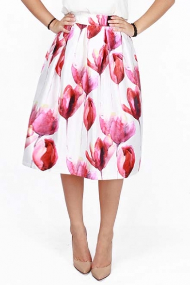 New Trendy Floral Digital Print A-line Skirt High Waist Swing Midi Skirt