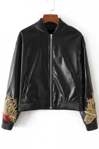 Stand-Up Collar Zipper Placket Embroidery Floral Pattern Leather Cloak Bomber Jacket