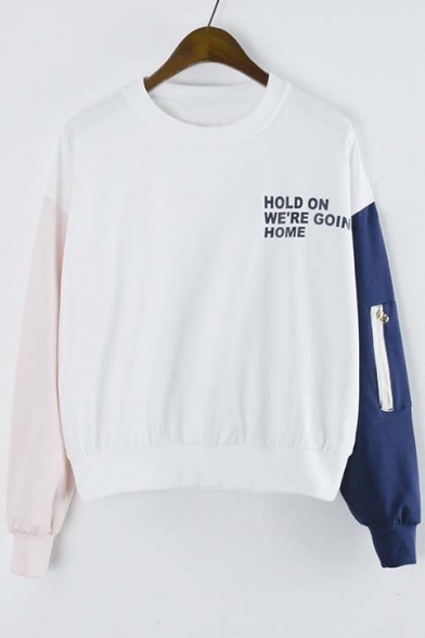 Color Block Zip Detail Long Sleeve Pullover Sweatshirt