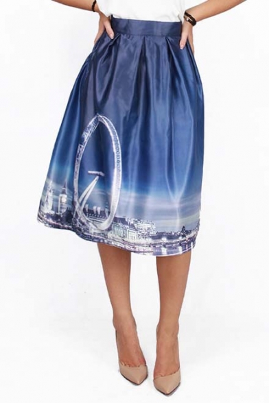 Fashion Night Scene Digital Print High Waist A-line Skirt