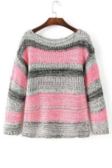 Color Block Striped Boat Neck Long Sleeve Knitted Sweater