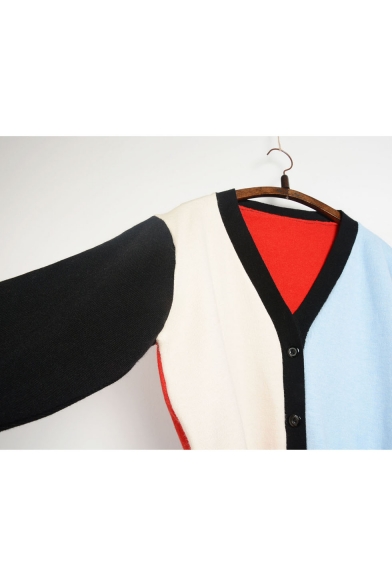 Fashion Color Block V-neck Long Sleeve Cardigan