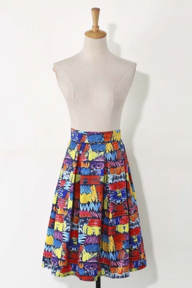 Graffiti Color Block Zip-Back Midi Pleated Skirt
