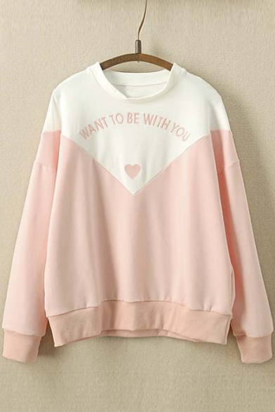 WANT TO BE WITH YOU Letter Embroidered Color Block Pullover Sweatshirt