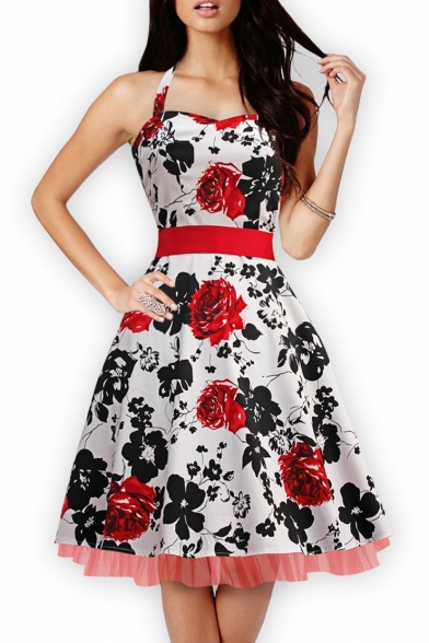 Women's Fashion Floral Print Halter A-line Midi Dress