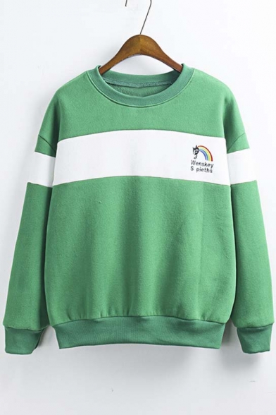 Fashion Color Block Letter Embroidered Pullover Sweatshirt