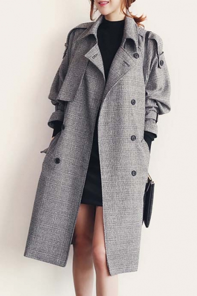 Plaid Notched Lapel Long Sleeve Longline Trench Coat