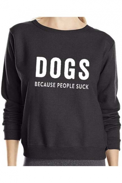 DOGS Letter Print Round Neck Long Sleeve Pullover Sweatshirt