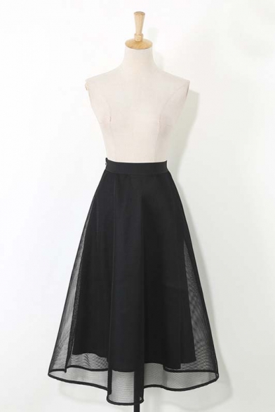 Elastic High Waist Cutout Mesh Maxi A-Line Skirt