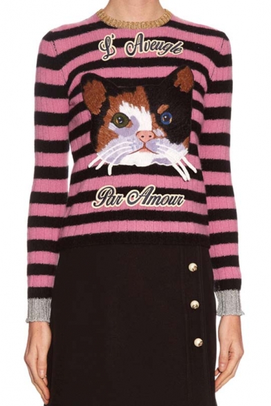 Fashion Round Neck Long Sleeve Striped Embroidery Cat Pattern Sweater