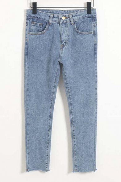 Retro Style High Waist Raw Hem Cropped Jeans