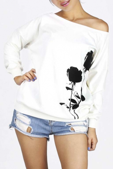 Stylish Rose Print Off Shoulder Pullover Fleece Sweatshirt