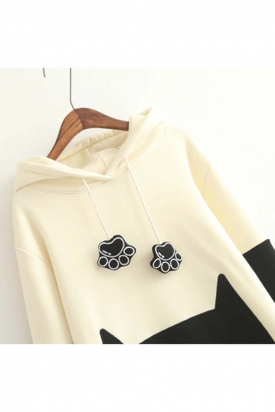 Trendy Color Block Cute Cat Ears Hooded Sweatshirt with Bow Back