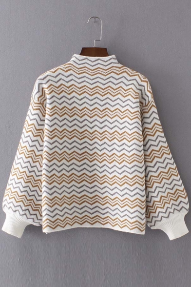 Wave Striped Print Half High Neck Long Sleeve Elastic Cuffs Sweater