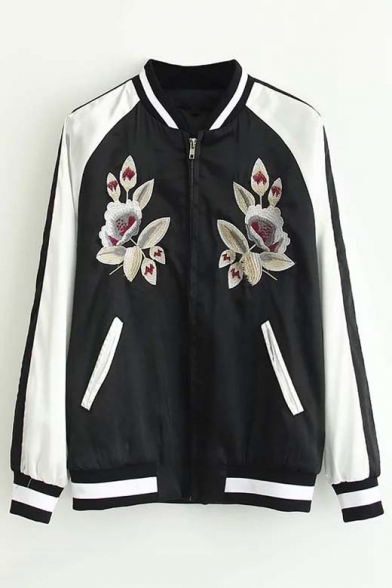 Autumn New Trendy Floral Embroidered Color Block Baseball Jacket