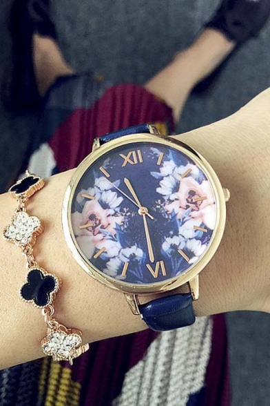 Hot Vintage Style Floral Leather Strap Quart Wristwatch