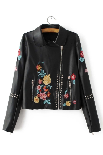 Zipper Placket Embroidery Floral Studded Lapel Long Sleeve Leather Jacket