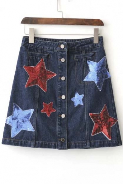 Fashion Embroidery Stars Print Single Breasted Denim A-Line Skirt