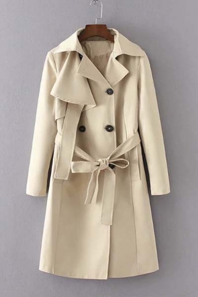 Fashion Notched Lapel Tie Waist Double Breasted Trench Coat