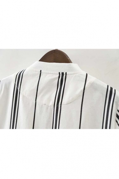 Vertical Striped Tied Waist Zipper Placket Stand-Up Collar Blouse with Two Pockets