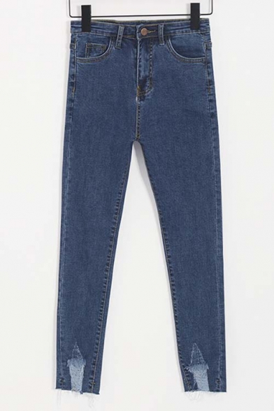 Stylish Distressed Detail Mid Waist Skinny Jeans