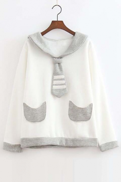 Fall Winter New Color Block Long Sleeve Sweatshirt White/Gray
