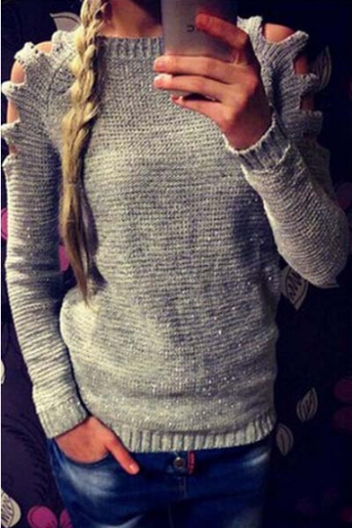 Fashion Round Neck Cutout Long Sleeve Knitted Sweater