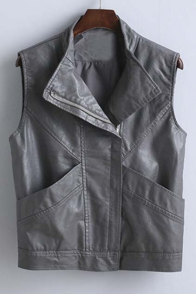 New Arrival Cool Style Sleeveless PU Vest Coat with Pocket