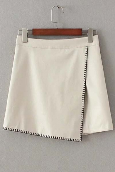 Sexy High Waist Wrap Stripe Pattern Zip-Back PU A-Line Skirt