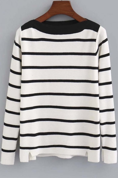 Slim Contrast Neck Striped Color Block Split Trim Long Sleeve Sweater