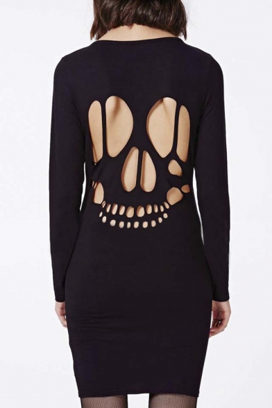 Women's Fashion Skull Hollow Out Long Sleeve Black Dress